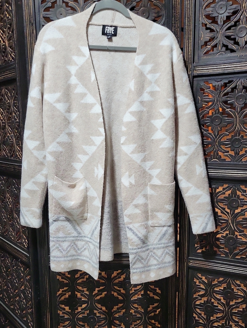 FRYE Women's Beige & White Aztec Open Cardigan Sweater